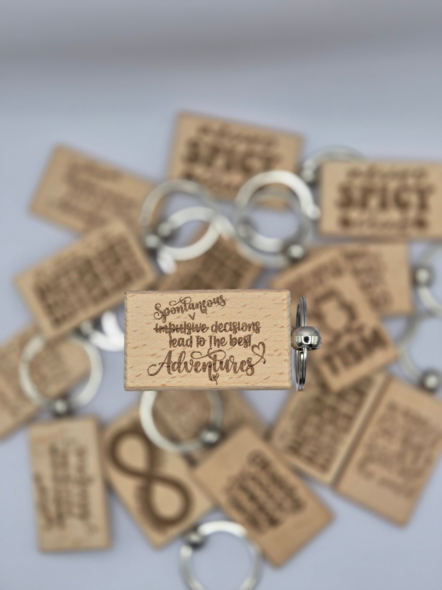 Wooden Engraved Keyrings - Spontaneous Adventures and Being Yourself