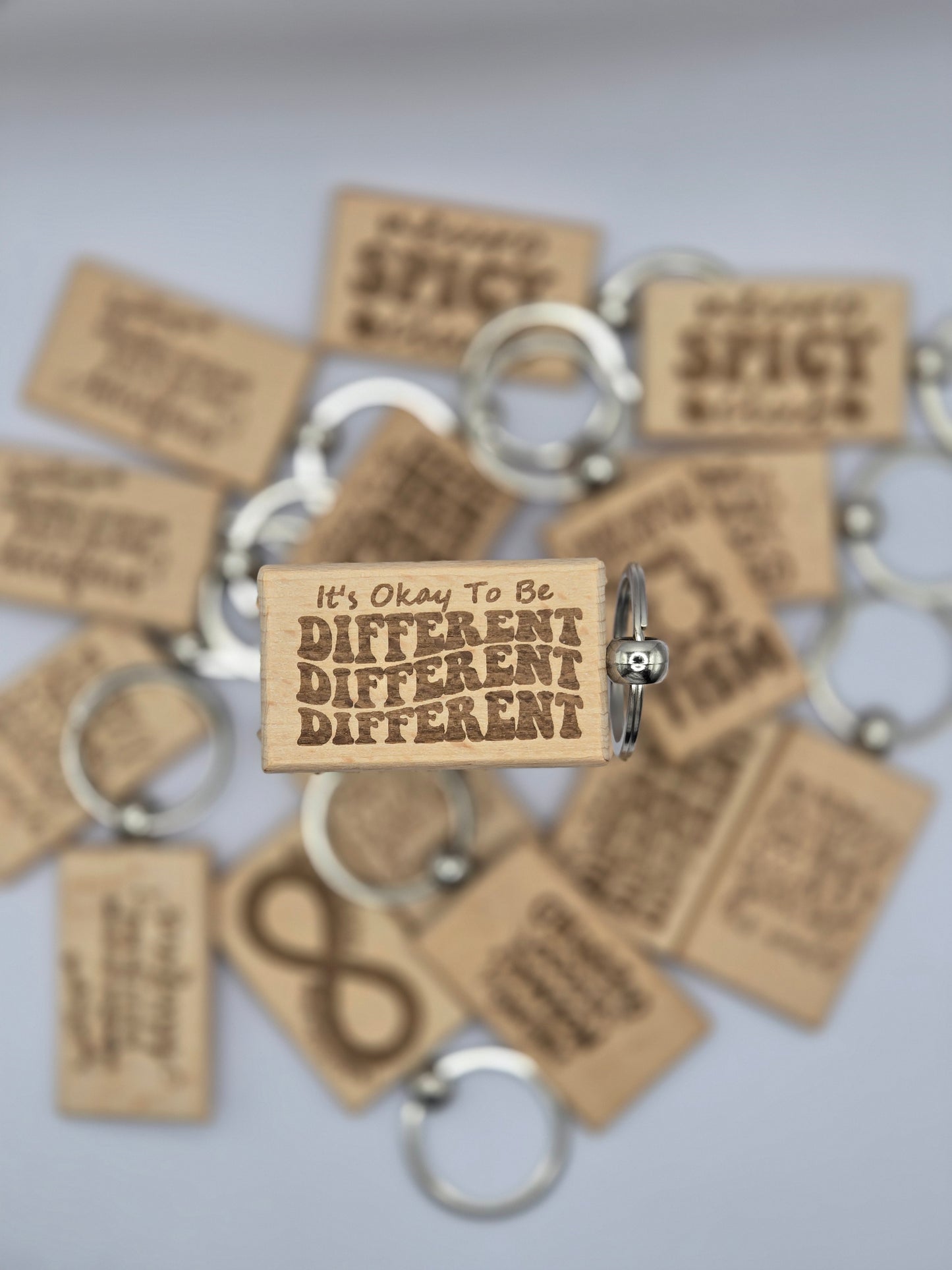 Wooden Engraved Keyrings - Different, Neuro Spicy Club and Unapologetically