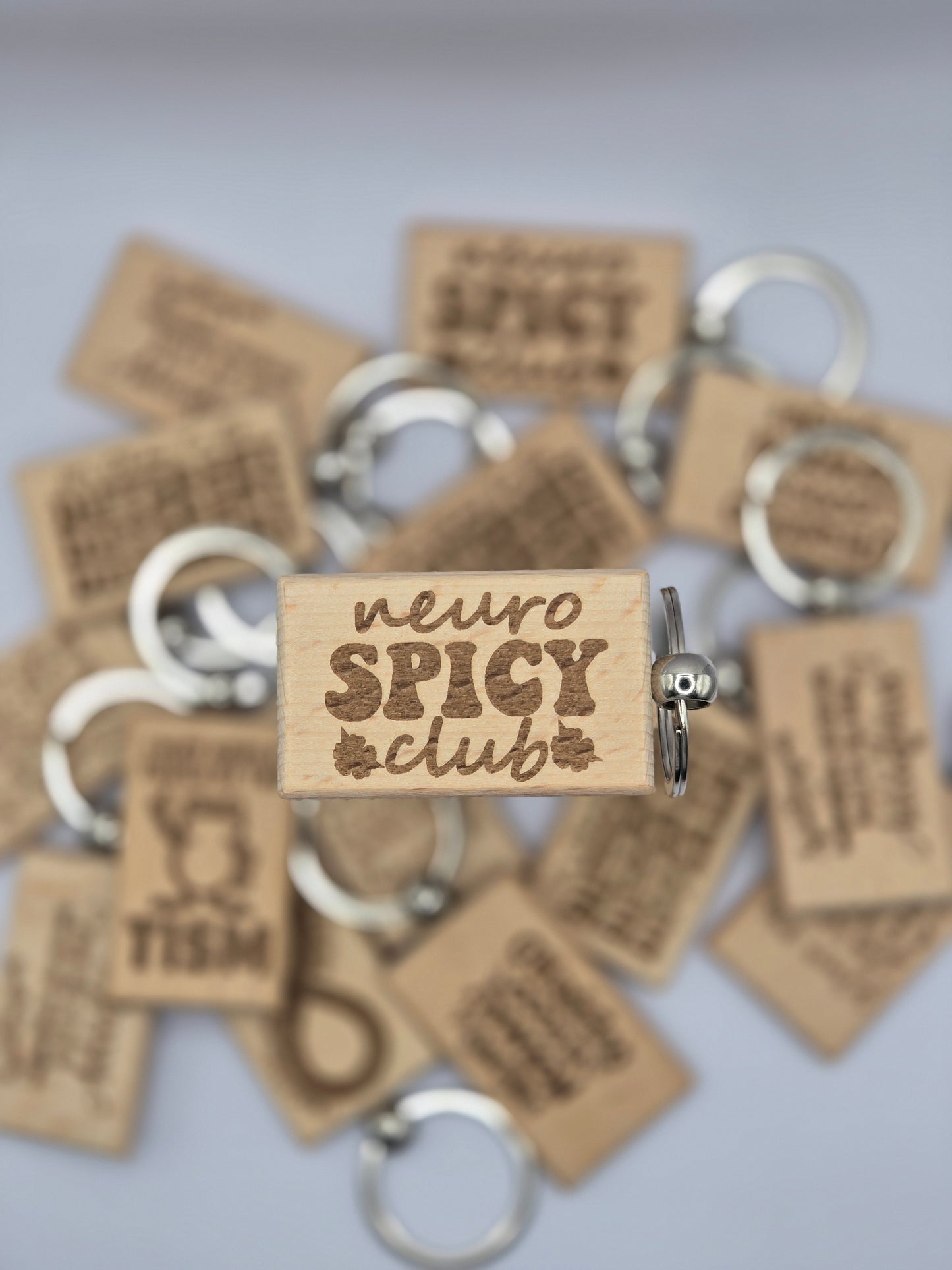 Wooden Engraved Keyrings - Different, Neuro Spicy Club and Unapologetically