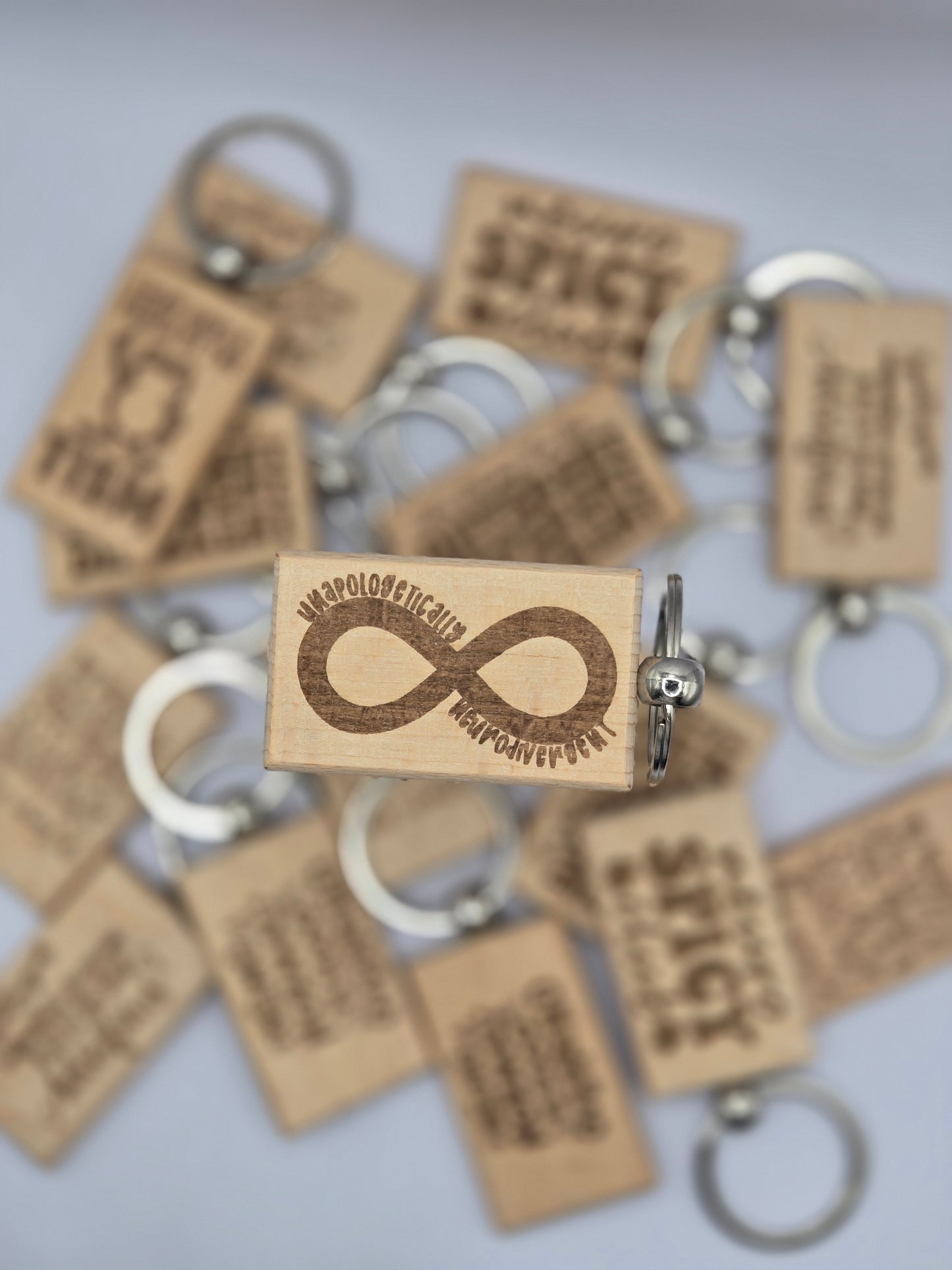 Wooden Engraved Keyrings - Different, Neuro Spicy Club and Unapologetically